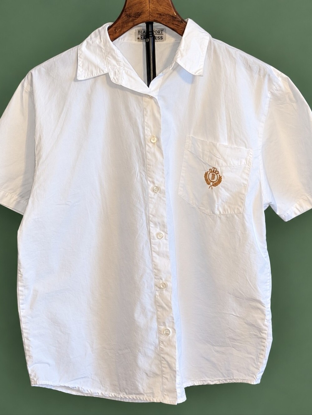 Vintage Blassport by Bill Blass White Cotton Embroidered Crest Shirt M